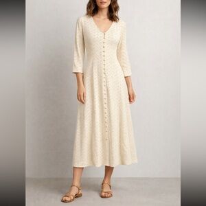 Vintage Maxi Dress front buttons Cream Neutral Soft Flowy Waist